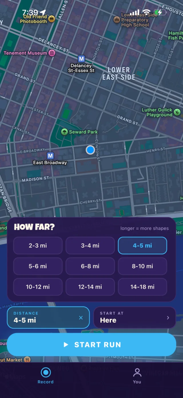 The How far? picker in Mystery Run, over a map of the Lower East Side