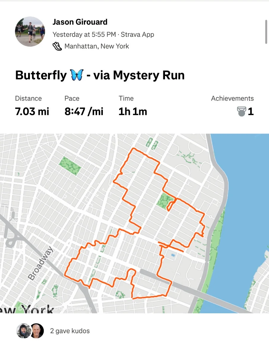 The butterfly run on Strava: Butterfly via Mystery Run, 7.03 miles at 8:47 per mile, with the route on the map